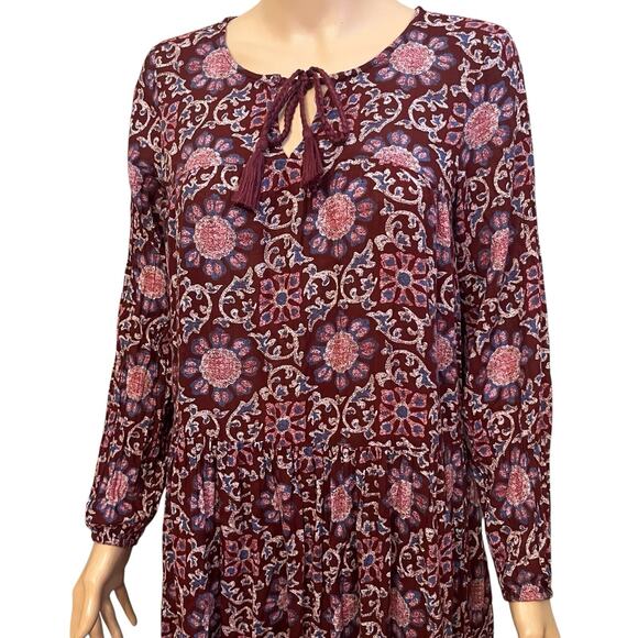 Aerie Peasant Midi Dress XS Floral Oversized Boho Long Sleeve Flowy Casual Red - Picture 2 of 9